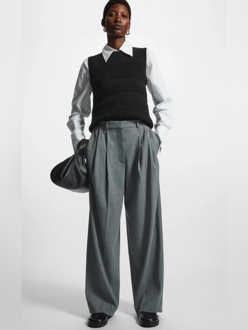 COS minimal oversized Scandi heather grey wide-leg pleated wool trousers, 36